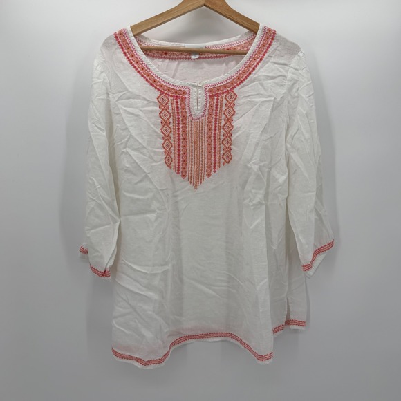 J. Jill Tops - J. Jill Womens 2X White Linen Blend Embroidered Tunic Top Pink Orange Boho 2490